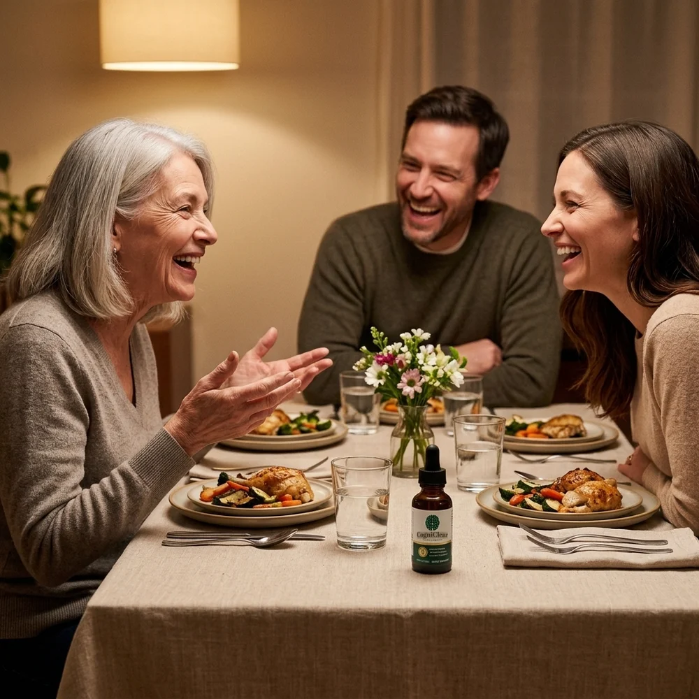 A grandmother telling a story at the family dinner table, with a bottle of CogniClear on the counter